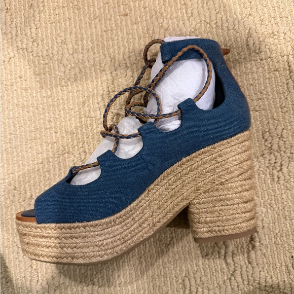 Tory Burch Positano Lace-Up Platform Denim Wedges - Picture 3 of 6